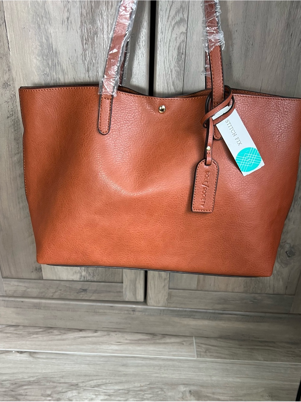 Brown/Tan Vegan Leather-Effect Tote with Attached Zip Pouch